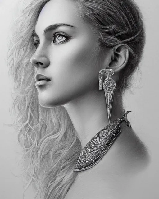 Image similar to pencil drawing of a beautiful greek goddess aphrodite with arrowhead earrings, beautiful piercing eyes, beautiful blonde hair, hyper realistic face, in the style of greg rutkowski, fantasy, amazing detail, epic, elegant, smooth, sharp focus, from the front