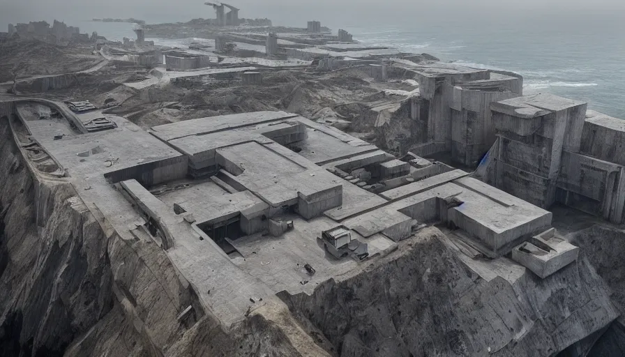 Image similar to big brutalist imperial military base on cliffs, drawing architecture, very long shot, top angle, imperial architecture in rogue one, pritzker architecture prize, brutalism architecture, jan urschel, greig fraser