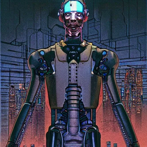 Prompt: Digital portrait of a cyborg from Ghost in the machine by Enki bilal and Moebius and francois Schuiten, cyberpunk, impressive perspective, aesthetic, masterpiece