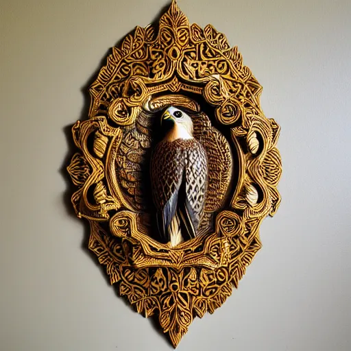 Prompt: gorgeous ornated wooden realistic detailed sacred falcon wall decoration with golden filigree led
