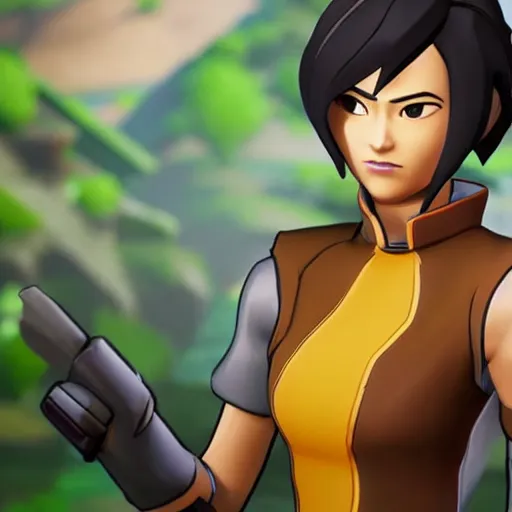 Image similar to toph beifong in fortnite closing her eyes, character render, full body shot, highly detailed, in game render