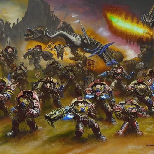 Prompt: Warhammer 40k space Marines fighting dinosaurs, by John blanche