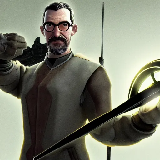 Image similar to gordon freeman with a halo over his head and fish for hands