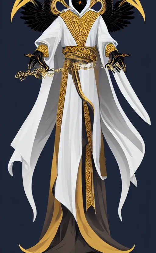 Image similar to raven headed male warlock doing wind magic, white and gold robes, exquisite details, full body character design on a white background, by studio muti