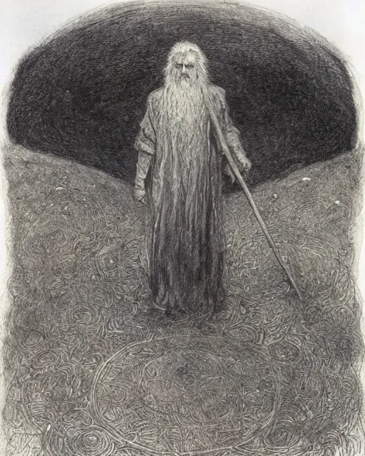 Image similar to a druid standing in a circle at the beginning of the world by alan lee