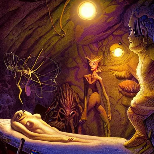 Image similar to primitive extraterrestrial villagers at bedside of severely injured unconscious short - haired blond woman, inside primitive hut, dramatic lighting, illustration, fantastic planet, ron cobb, mike mignogna, jim henson creature shop, science fiction, detailed painting, high detail, coherent, rough paper