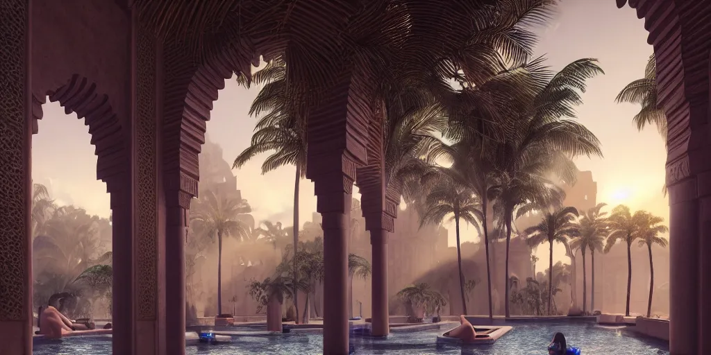 Image similar to beautiful bath house surrounded by palm trees, moroccan tile archways,, ivory towers, sun setting, ross tran, nephilim, pyroclastic flow, ethereal, fantasy, james jean, oozium, peter morbacher, angelarium, alchemy, luxury, heavenly light, soft illumination, trending on artstation, cinematic lighting, digital painting, octane render, artgerm