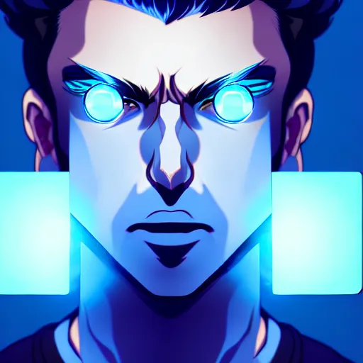 Prompt: a highly detailed portrait of a man with navy blue hair and blue glowing eyes, summoning blue transparent cubes, high detail clothing, concept art, anime, artstation, professional