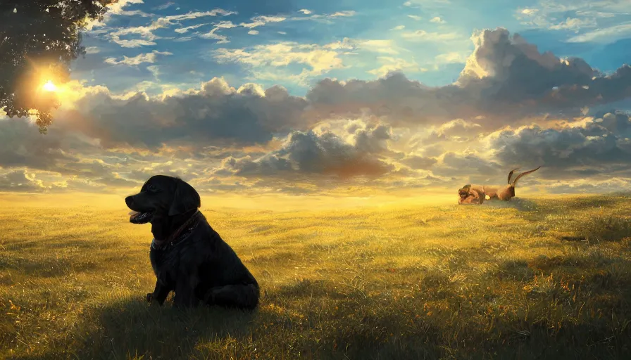 Prompt: dog watching the sun sitting on a hill, hyperdetailed, artstation, cgsociety, 8 k