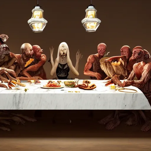 Prompt: !13 hungry cannibals making a rich salad around a marble table, !positioned as last supper cinematic lighting, dramatic framing, highly detalied, 4k, artstation, by Rene Lalique and Wayne Barlowe