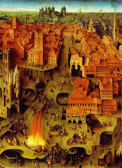Prompt: red city on fire, Medieval painting by Jan van Eyck, Hieronymus Bosch, Florence