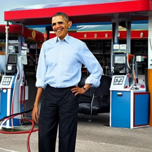 Image similar to barack obama, standing by a gas station, fresh fade haircut