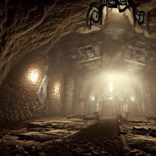 Prompt: deep underground cthulhu dungeon cave with large lovecraft style structures, light falling through cracks in the ceiling, cinematic, hdr, 4k, hyper realistic, render, cold light, high detail