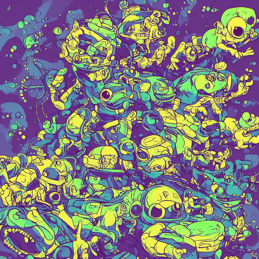 Image similar to toads, deconstructed amphibian, ryuta ueda artwork, breakcore, style of jet set radio, y 2 k, gloom, space, cel - shaded art style, indigo rainbow, data, minimal, code, cybernetic, dark, eerie, cyber