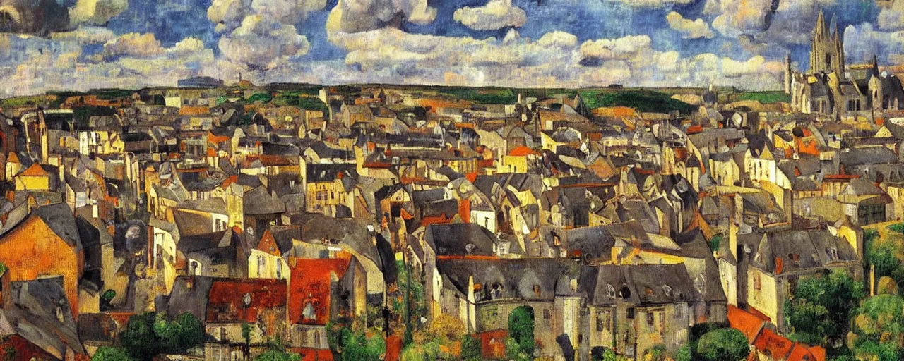 Prompt: a cinematic highly detailed painting of quimper, france, by paul gauguin, artstation