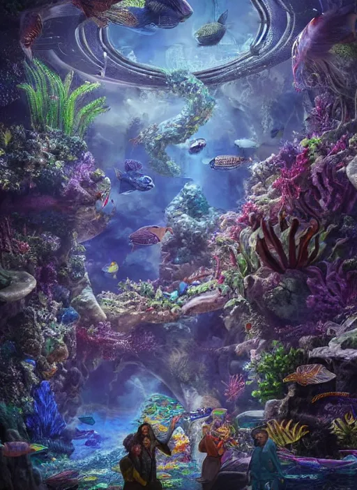 Image similar to people observing lots of beautiful fish in an underground aquarium corridor, in the style of john stephens, fantasy art, ray tracing, water droplets, highly detailed, artstation trend, highly detailed and intricate, sharp focus, photography, unreal engine 5