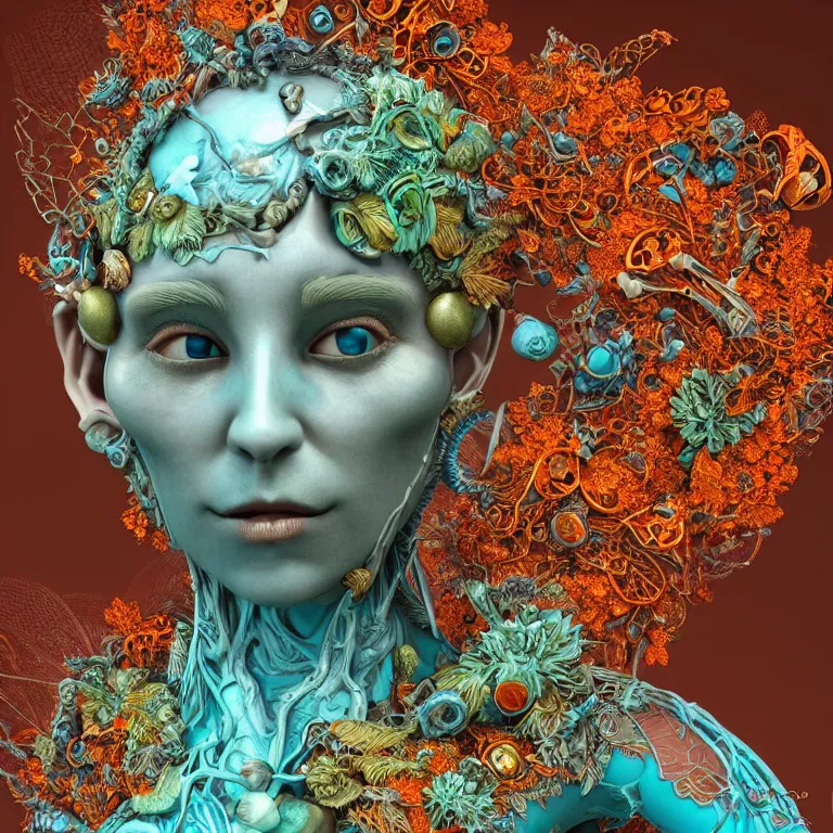 Prompt: cinema 4d colorful render, organic, dark scene, ultra detailed, of a porcelain grimes face. biomechanical, analog, macro lens, hard light, big leaves and large orange Dragonflies, stems, roots, fine foliage lace, turquoise gold details, high fashion haute couture, art nouveau fashion embroidered, intricate details, mesh wire, mandelbrot fractal, anatomical, facial muscles, cable wires, elegant, hyper realistic, in front of dark flower pattern wallpaper, ultra detailed