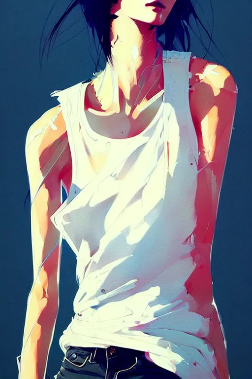 Image similar to a ultradetailed beautiful painting of a stylish woman with a white tank top, by conrad roset, greg rutkowski and makoto shinkai trending on artstation