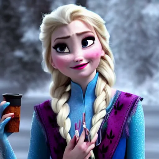 Prompt: photo of elsa from frozen as a hipster smoking a cigarette at a coffee shop, realistic