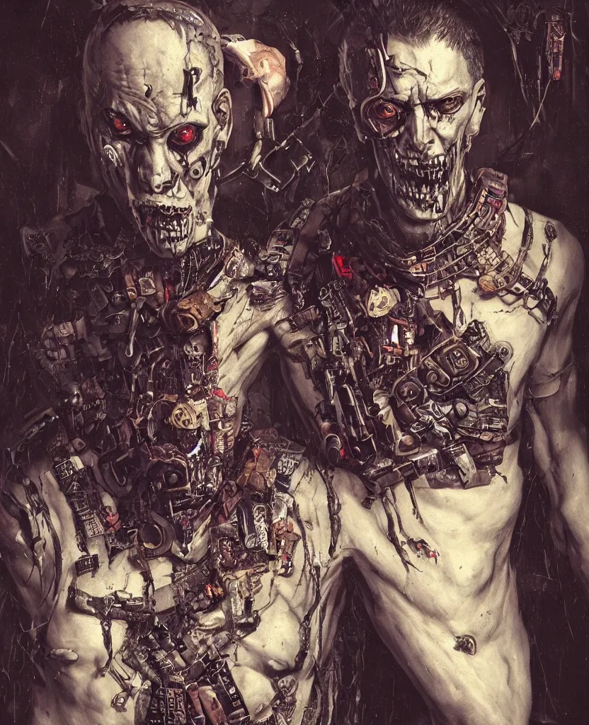 Prompt: a cyberpunk man in a punk battlevest opening his shirt to reveal a gaping maw embedded in his chest, artstation contest winner, dark art, gerald brom, michael hussar, gothic, body horror, cronenberg