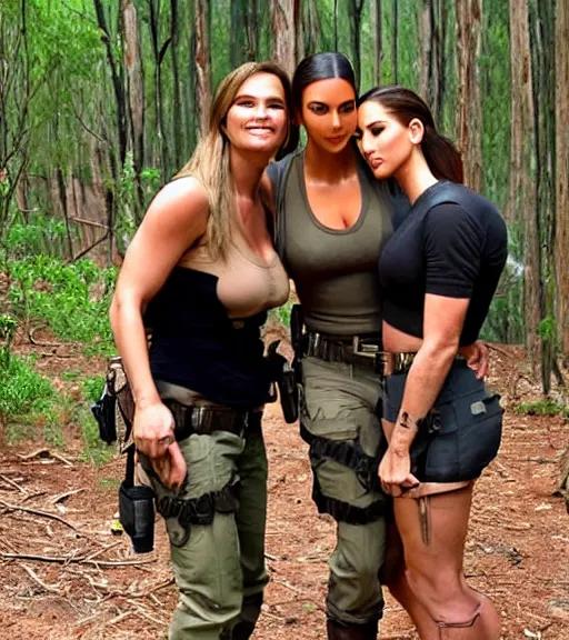 Prompt: Steve irwin hugging kim kardashian & lara Croft, Australian forest