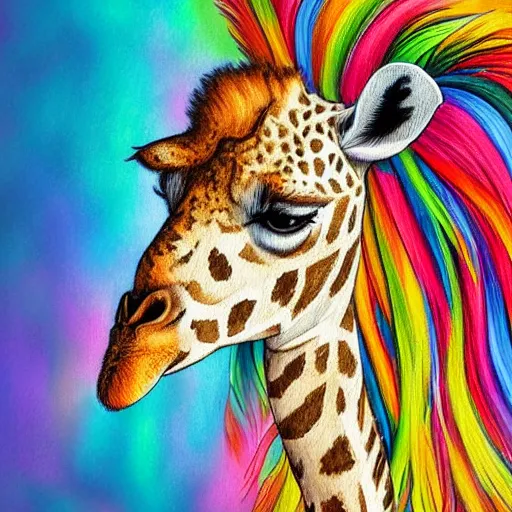 Prompt: profile view of cute fluffy giraffe with long colorful flowing lion mane blowing in the wind with mohawk top hairstyle hybrid animal detailed painting 4 k