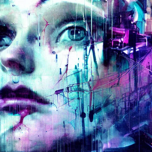 Prompt: i live in cyber dreams, glitchcore wires, machines, by jeremy mann, francis bacon and agnes cecile, and dave mckean ink drips, paint smears, digital glitches glitchart