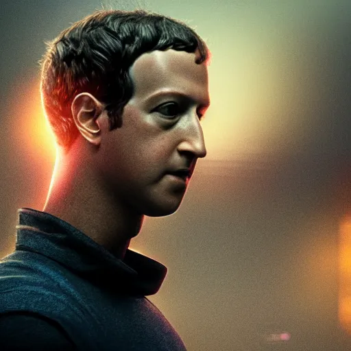 Image similar to Mark Zuckerberg as a creepy futuristic Android , film still from The blade Runner 2049, hyperrealistic, highly detailed, depth of field, High definition, 8k, octane render, artstation