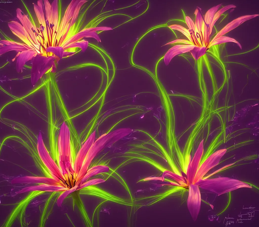 Image similar to detailed fantastic flower lily by artstation lucas parolin, dark night, neon lights, reflections ray, tracingstar trails, dramatic light, fluffy clouds, digital painting, igh detailed, 8 k render, perfect shape, hyperrealistic