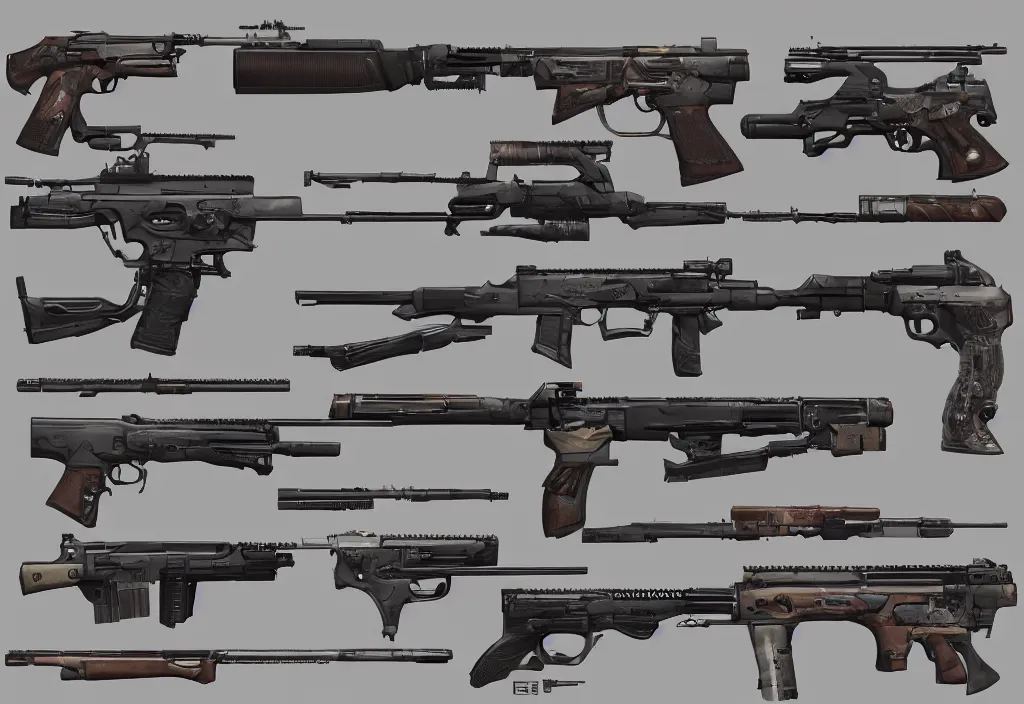 Prompt: game asset reference of firearms, digital art, by brad allen rifle, apex legends, handguns, reference images ( front, side, top ) artstation, unreal engine