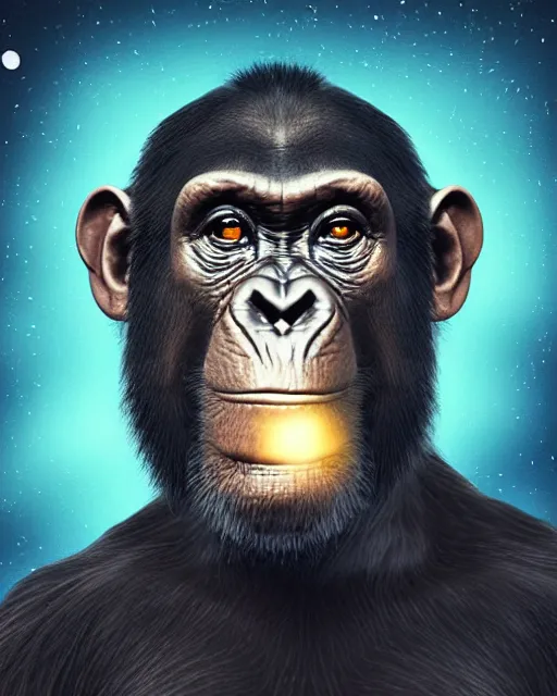 Image similar to very detailed high resolution illustration portrait of a chimpanzee head floating in space, backlit, night covered in stars, 3 d, 8 k, extremely detailed, artstation, furaffinity award winning