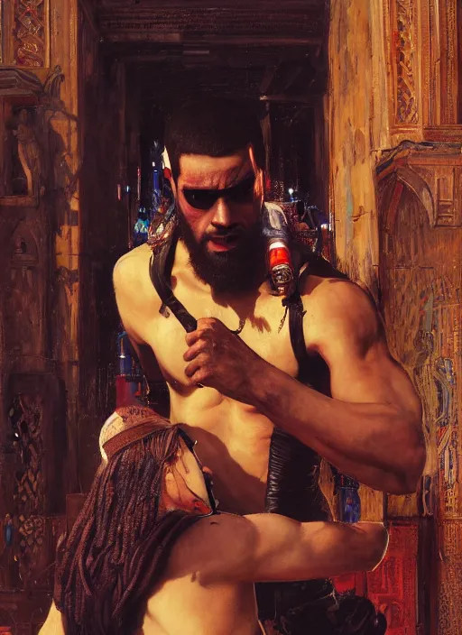 Image similar to big mike. cyberpunk meathead getting punched. (Cyberpunk 2077, bladerunner 2049). Iranian orientalist portrait by john william waterhouse and Edwin Longsden Long and Theodore Ralli and Nasreddine Dinet, oil on canvas. Cinematic, hyper realism, realistic proportions, dramatic lighting, high detail 4k