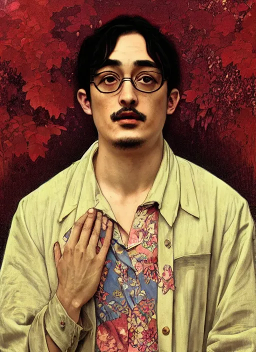 Image similar to Filthy Frank wearing red luxuruous hawaiian vintage shirt, rule of thirds, accurately portrayed, portrait art by alphonse mucha and greg rutkowski, highly detailed, digital painting, concept art, illustration, ethereal lighting with twilight rays of sunlight, trending on artstation, very detailed, smooth, sharp focus, octane render, close up