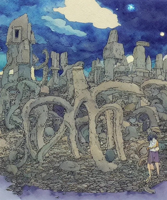 Image similar to a hyperrealist studio ghibli watercolor fantasy concept art. in the foreground is a giant grey octopus building and putting stones in to place on top of stonehenge with a starry sky. by rebecca guay, michael kaluta, charles vess