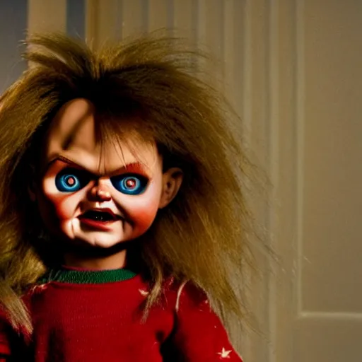 Image similar to Chucky the killer doll from the movie Child's Play being held by Mr. Rogers 8k hdr