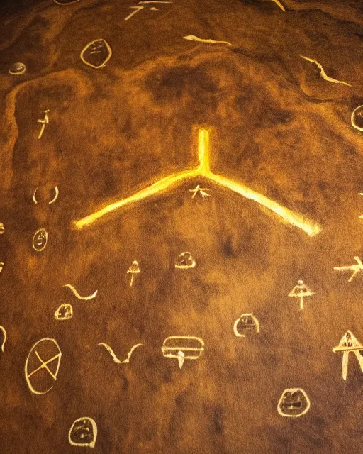 Image similar to cave painting, ultra hd, depiction of crosses and ufo, very detailed to photography