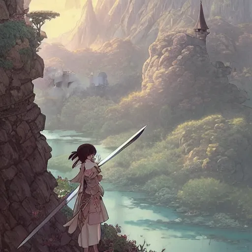 Image similar to the knight and the sword of rose petal, anime, castle core, mountains, rocky roads. by hayao miyazaki and rossdraws and artgerm and greg rutkowski and alphonse mucha and studio ghibli and ilya kuvshinov. high quality, stunning, intricate detailed environment. 8 k