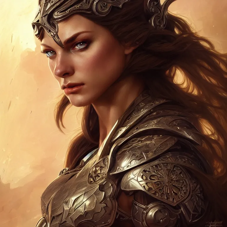 Image similar to Muscular and powerful medieval knight woman portrait, sci-fi, amber eyes, face, long hair, fantasy, intricate, elegant, highly detailed, digital painting, artstation, concept art, smooth, sharp focus, illustration, art by artgerm and greg rutkowski and alphonse mucha