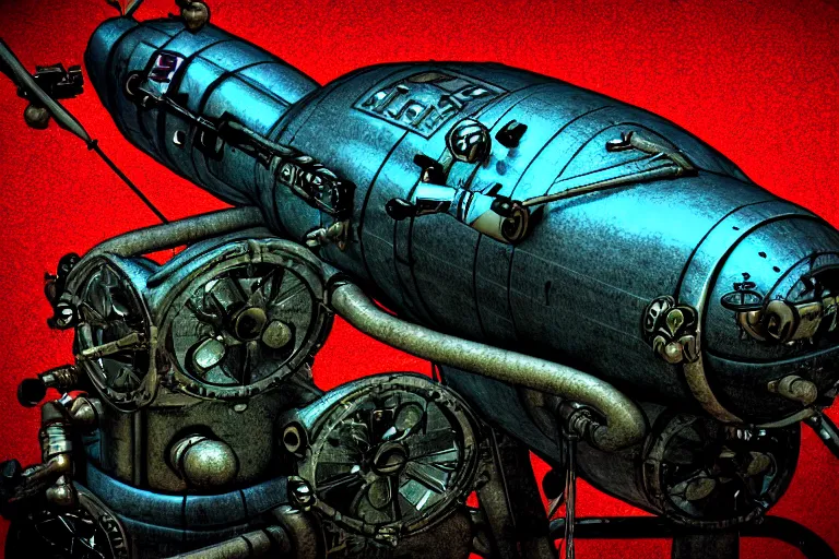 Image similar to steampunk submarine!, in the style of john avon and derek riggs and eva widermann, trending on artstation, halfrear lighting closeup view anaglyph filter, bokeh, anime, comic book art, jean henri gaston giraud