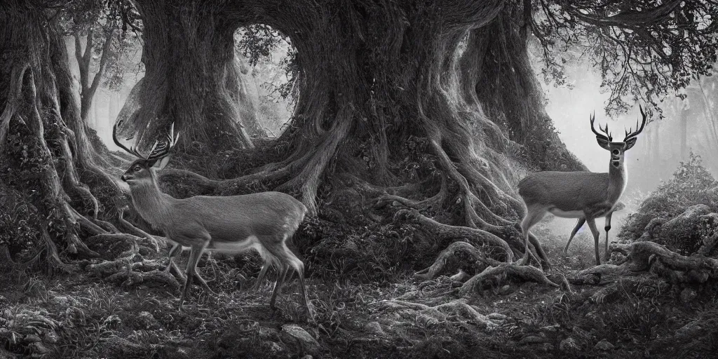Image similar to deer getting overgrown by roots, edelweiss growing on his fur, forest, dolomites, alpine, detailed intricate insanely detailed octane render, 8k artistic 1920s photography, photorealistic, black and white, chiaroscuro, hd, by David Cronenberg, Raphael, Caravaggio