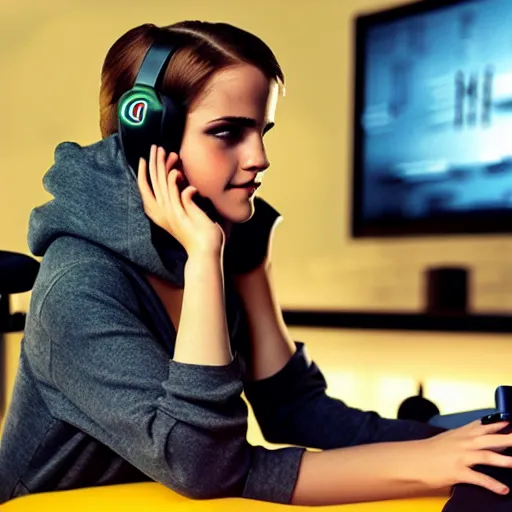 Image similar to model emma watson playing video gaming emma watson playing video gaming gaming on rgb keyboard wearing a gaming headset wearing hoodie sitting on gaming chair at desk dramatic lighting controller award winning photo