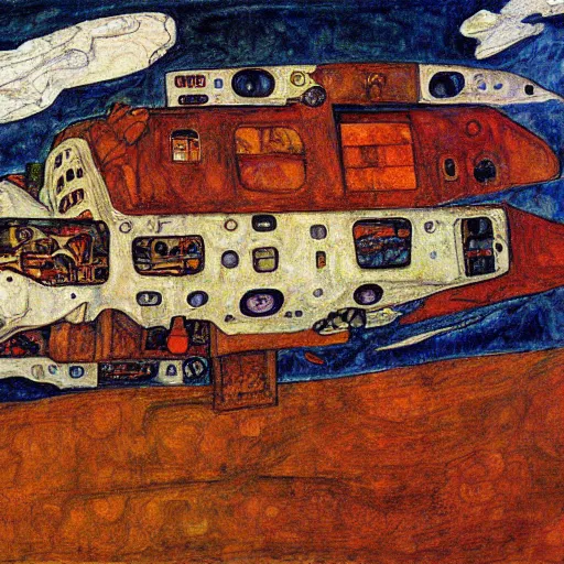 Prompt: Egon Schiele painting of DreamBotMothership, highly detailed