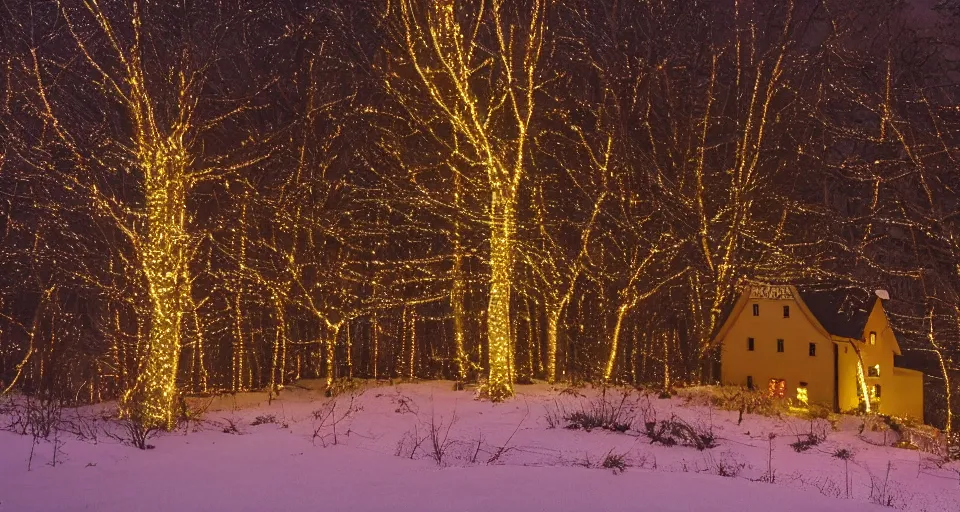 Image similar to an abandoned village in the black forest at midnight illuminated by christmas lights