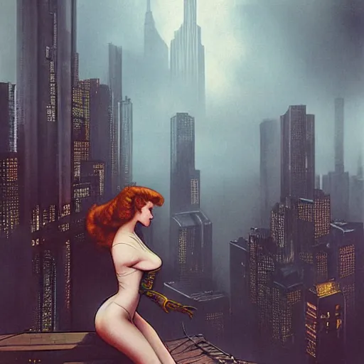 Prompt: “ girl standing on a roof looking down at a foggy futuristic new york city below, ghostpunk, blade runner, cyberpunk, pinup, storm clouds, very detailed, by gil elvgren ”