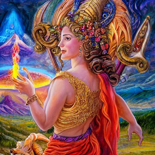 Prompt: a painting by josephine wall depicting aires as a goddess with large ram horns growing from her head. she is checking her cell phone. erupting volcano and sunrise in distance in background, flowers in foreground, acrylic on canvas, intricately detailed, highly detailed, high resolution, hd, 8 k, wallpaper, trending on artstation, zodiac, fantasy