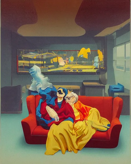 Image similar to old dead couple sitting on a couch and a person inside a large aquarium with clouds at red and yellow art deco interior room in the style of Francis Bacon and Syd Mead, open ceiling, highly detailed, painted by Francis Bacon and Edward Hopper, painted by James Gilleard, surrealism, airbrush, very coherent, triadic color scheme, art by Takato Yamamoto and James Jean