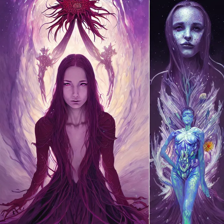 Image similar to non - ordinary girl of # magic the gathering, stars of spirit, by peter rohrabacher annatto finnstark | flowers of purity, future heaven plants by leiko ikemura, and ilya kuvshinov | sparkling atom fractules of skulls and mechs deep under the spine cords, by alex grey and hr giger