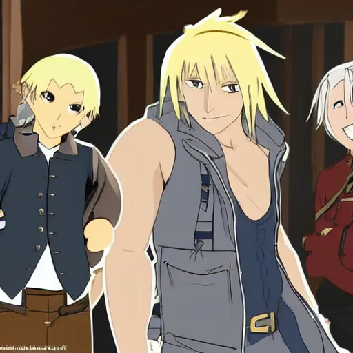 Prompt: young blonde boy fantasy thief in a tavern surrounded by friends of different skin tones, full metal alchemist, anime style