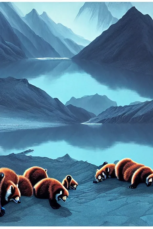 Image similar to a glacial lake in china with 8 red pandas swimming together by arthur haas and bruce pennington and john schoenherr, cinematic matte painting, zaha hadid building, photo realism, dark moody color palate, blue hour stars, desolate glacial landscape,