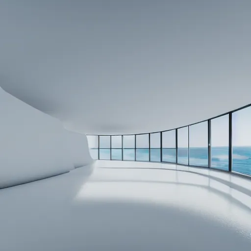 Image similar to white zen clean modern minimalist white room with large circular window with ocean view, frozen and covered in ice, by peter tarka in an ivory room well contoured smooth fair walls, up close shot, sharp focus, zen, clean, modern minimalist, zaha hadid octane highly render, 4 k, ultra hd,